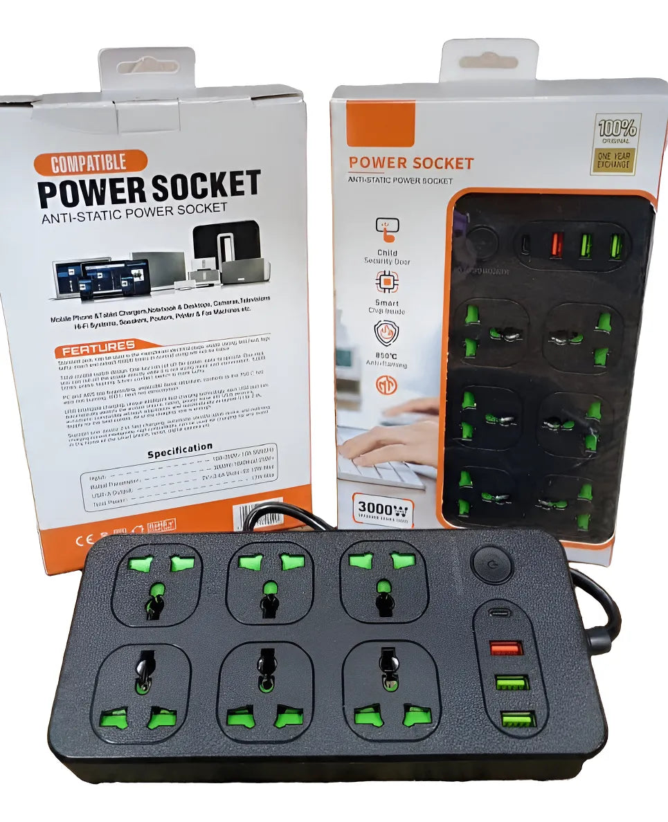 ZAPATILLA 3000W 6 TOMAS+3 USB+1 USB C